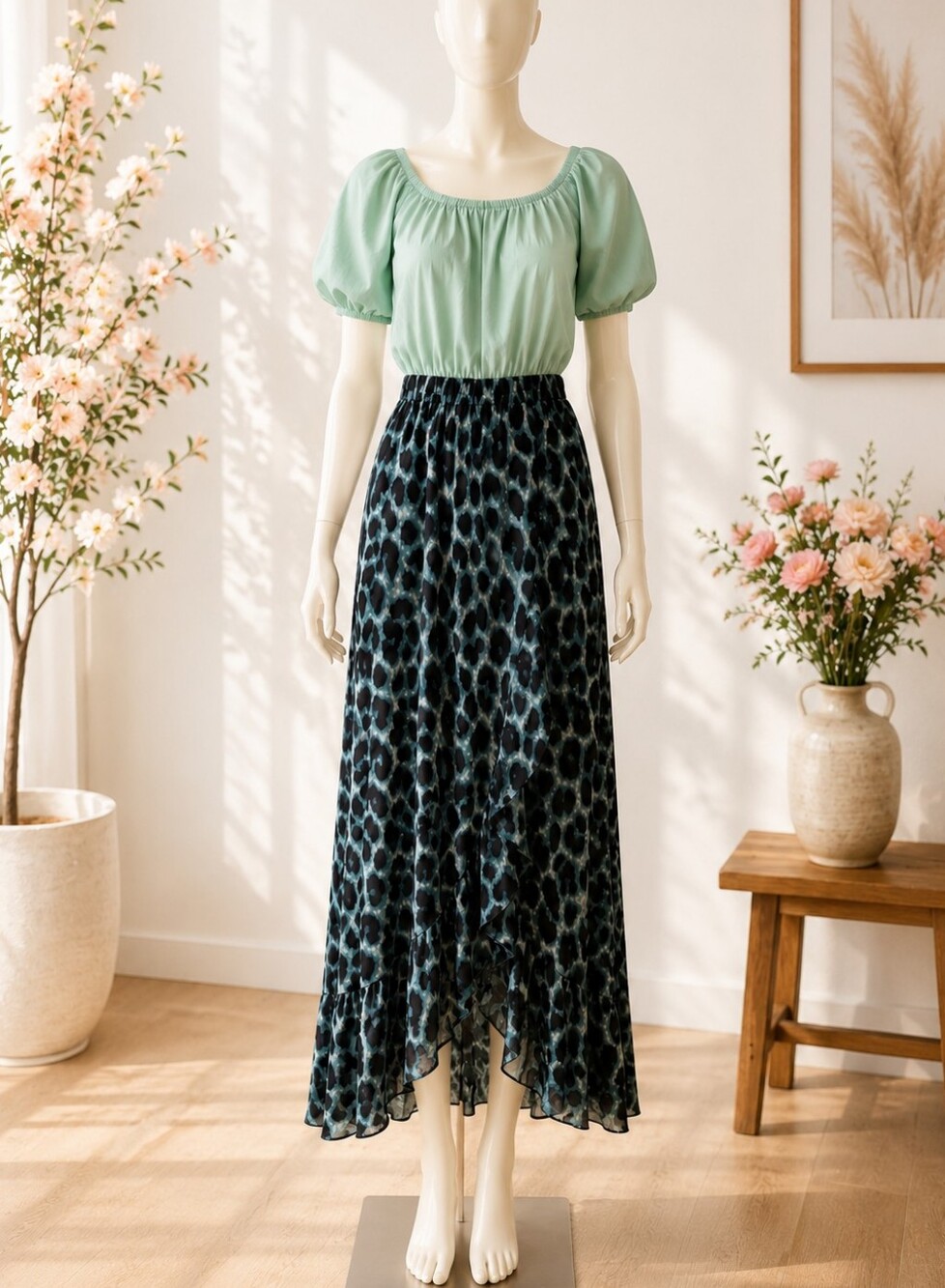 Dollar Green Patterned Maxi Skirt — Flowing Elastic Waist Skirt
